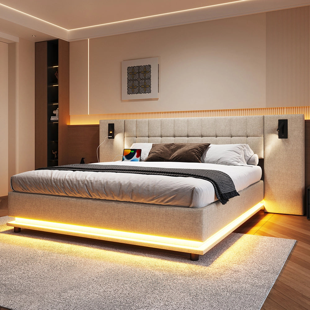 Letto-Xylo-180x200 cm-LED, spot, USB, lino beige