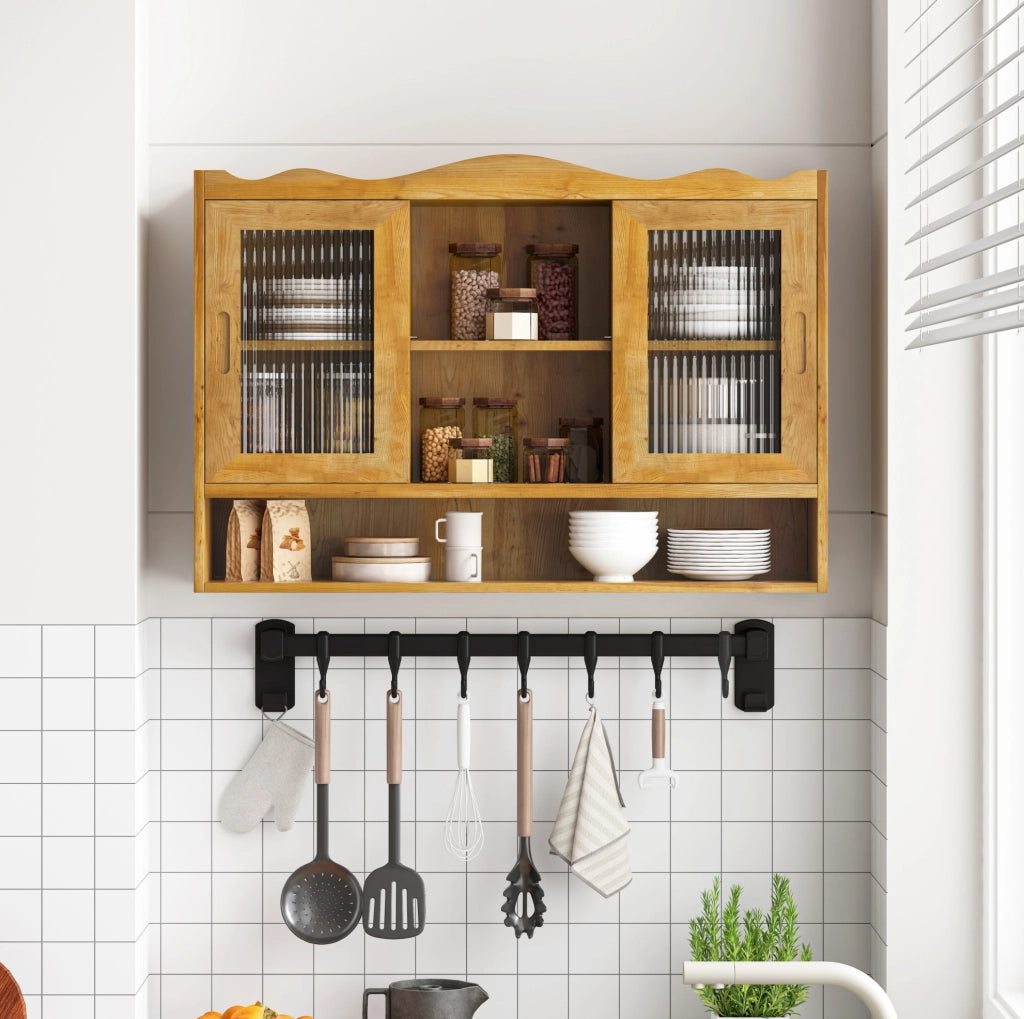 Armadio a muro scorrevole 90 cm a 2 porte con 3 ripiani in legno naturale per bagno, cucina e sala da pranzo