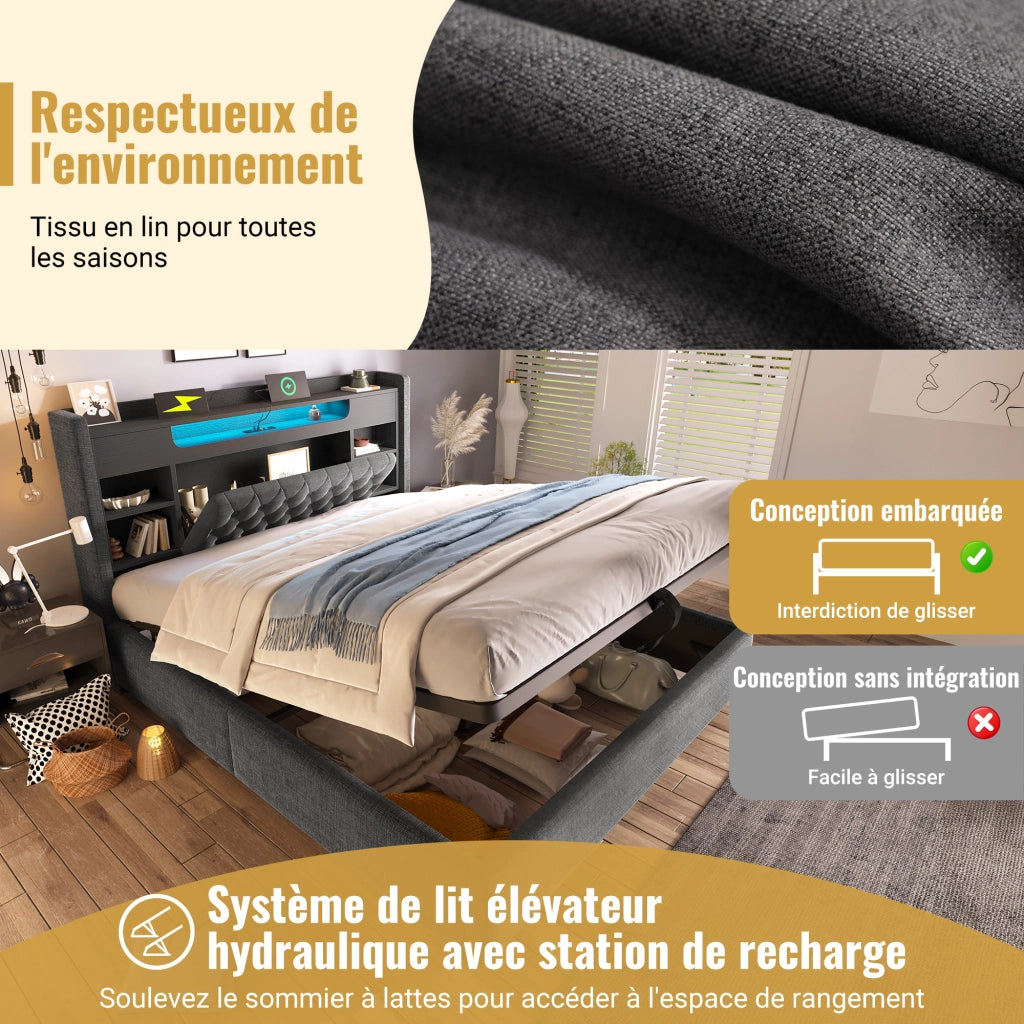 Letto contenitore 180×200 cm con LED; USB; USB-C e vani; senza materasso; grigio