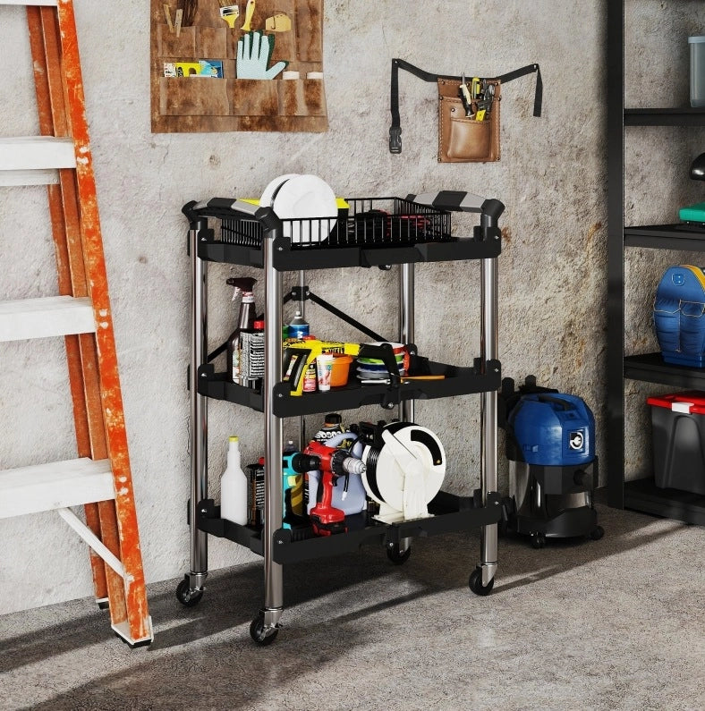 Carrello da officina pieghevole 64 x 37 x 84 cm nero, 3 livelli, 68 kg, per garage