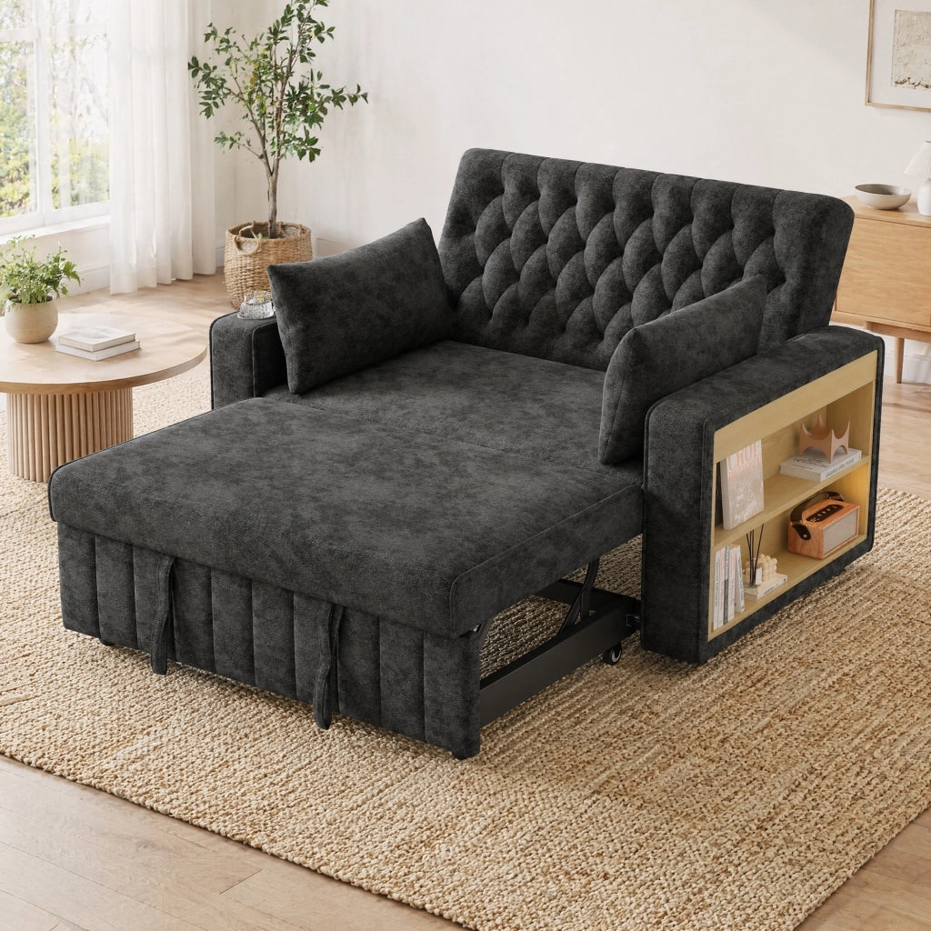 Divano letto a 2 posti in ciniglia grigio con schienale regolabile porte USB e portabevande 140 × 137 × 84 cm