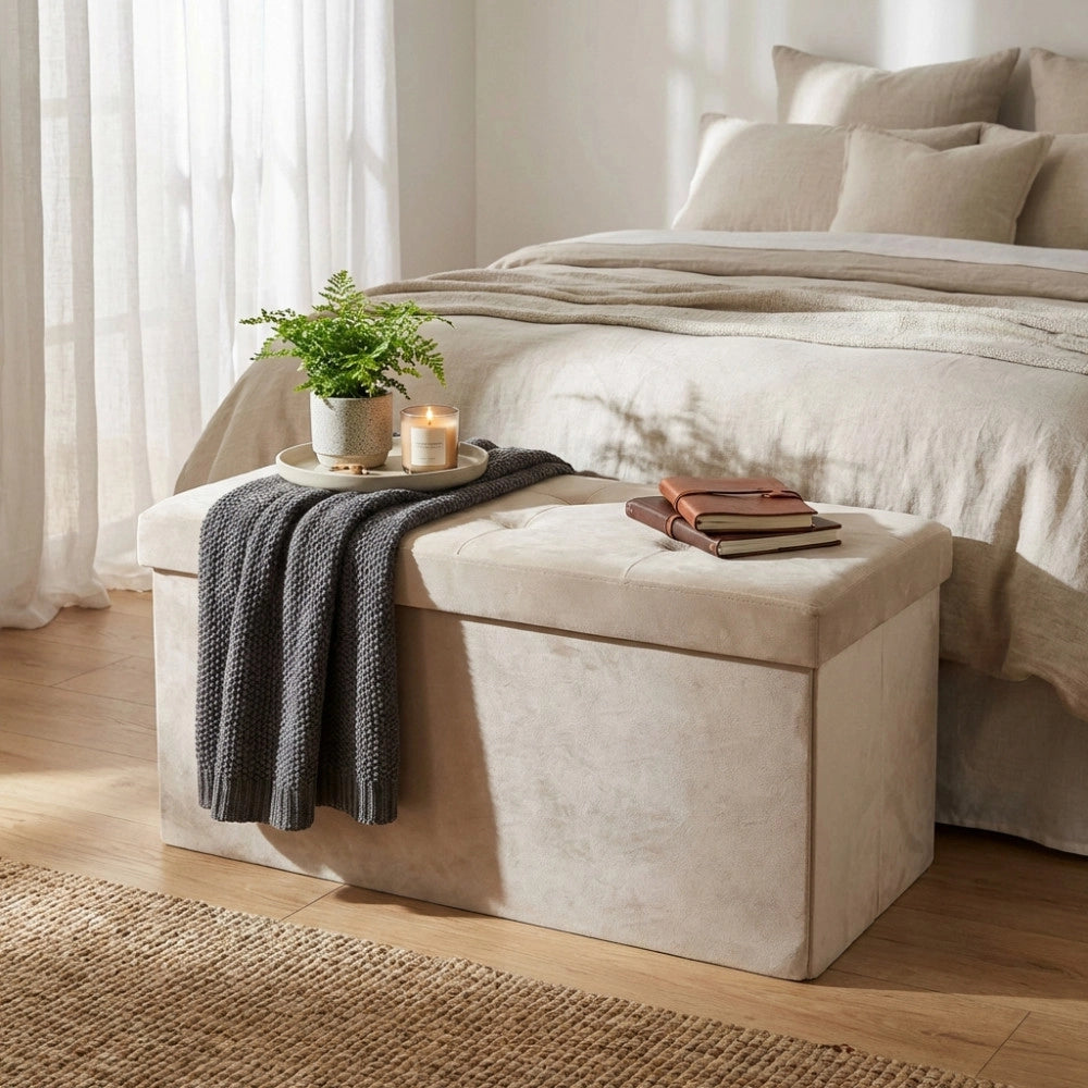 POUF CONTENITORE RETTANGOLARE IN VELLUTO BEIG