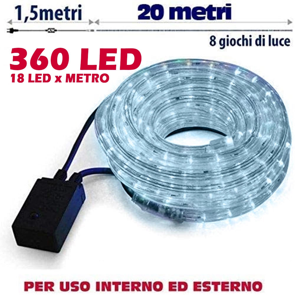Tubo Luminoso 20 metri LED Bianco Freddo 360 Luci per interno e per Esterno