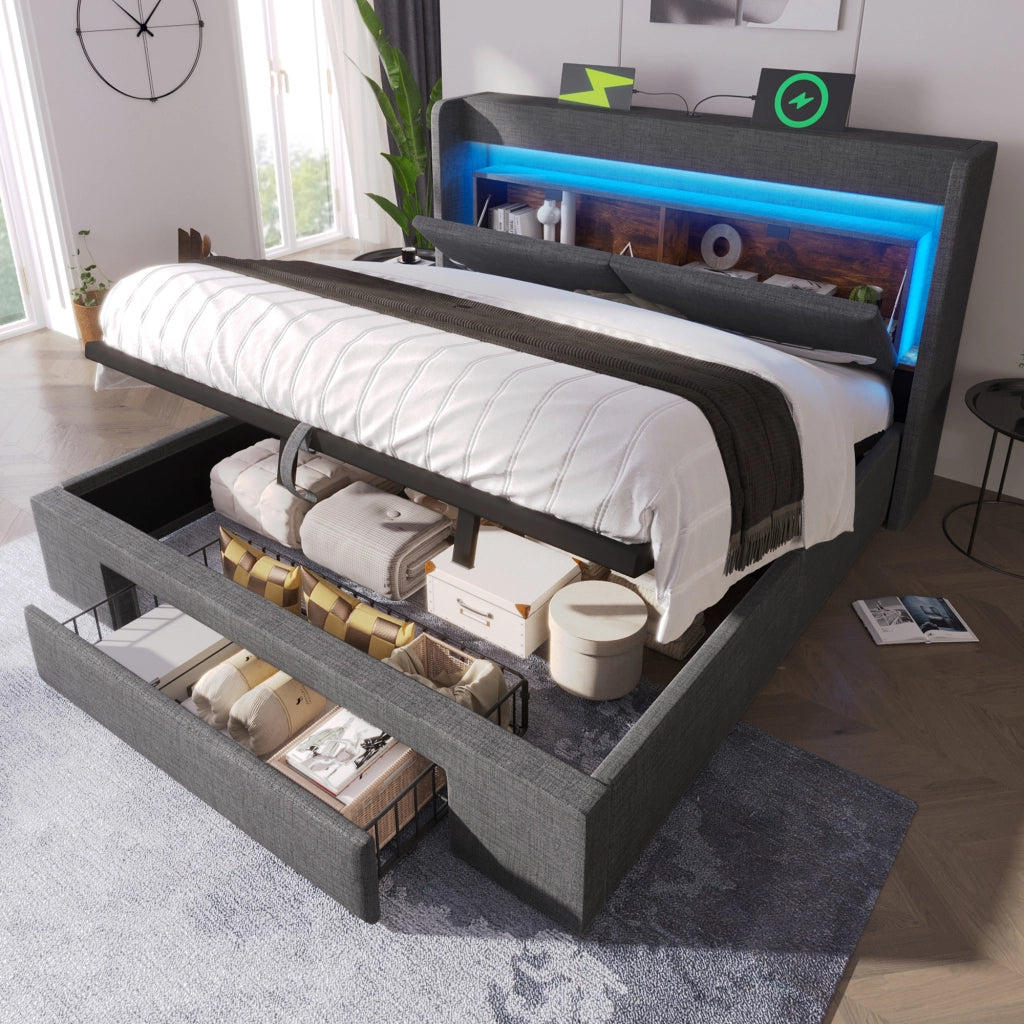 Letto matrimoniale 180x200 cm con contenitore idraulico; testiera LED con USB e USB-C; rivestimento in lino grigio