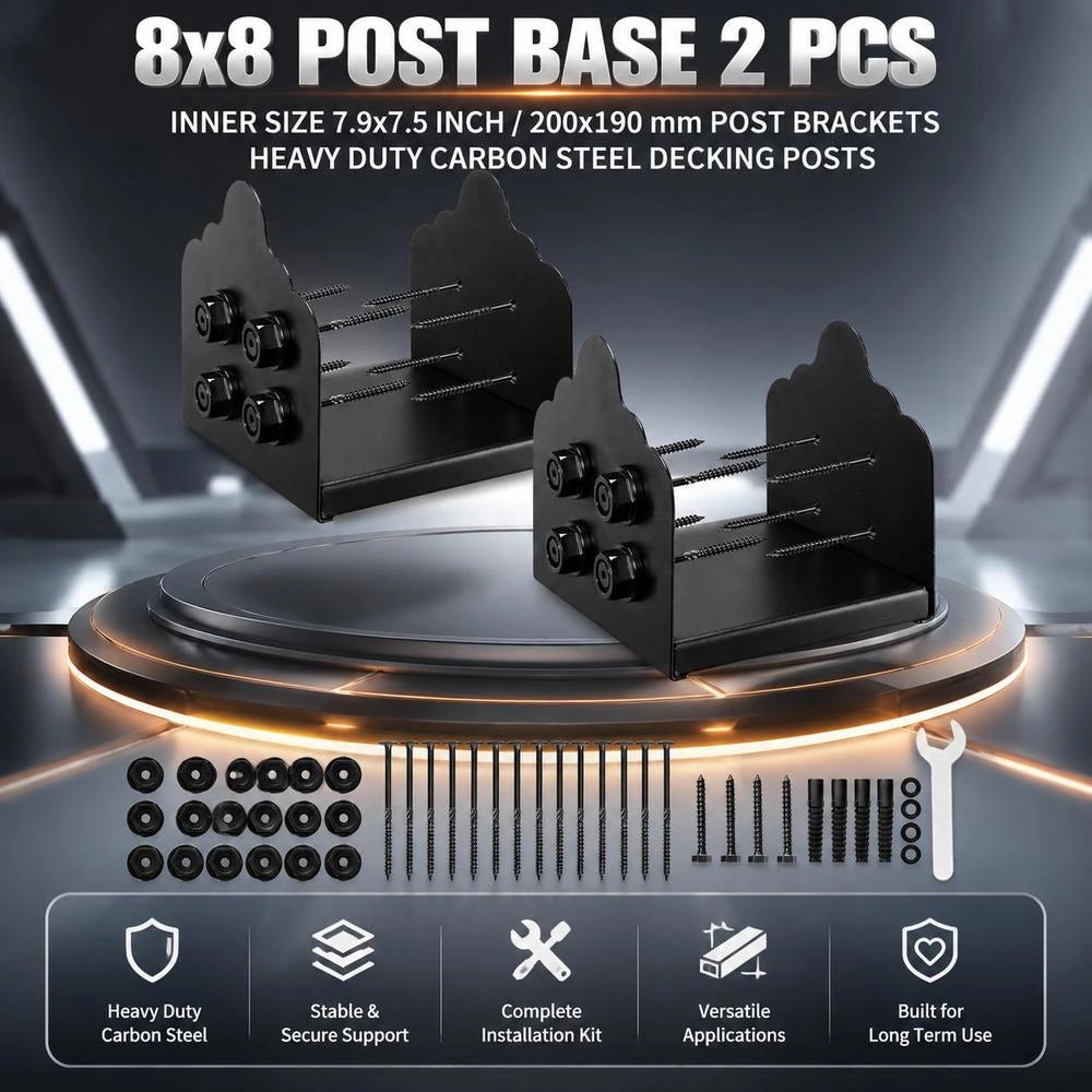 Post Anchors, 2 Pieces, Inner Dimensions 200x190 Mm For 203.2x190/190x190 Mm Posts, Screw-on Sleeve Made Of Carbon Steel, Ideal For Gazebo Terrace Railing Support Deck Base Plate, Black