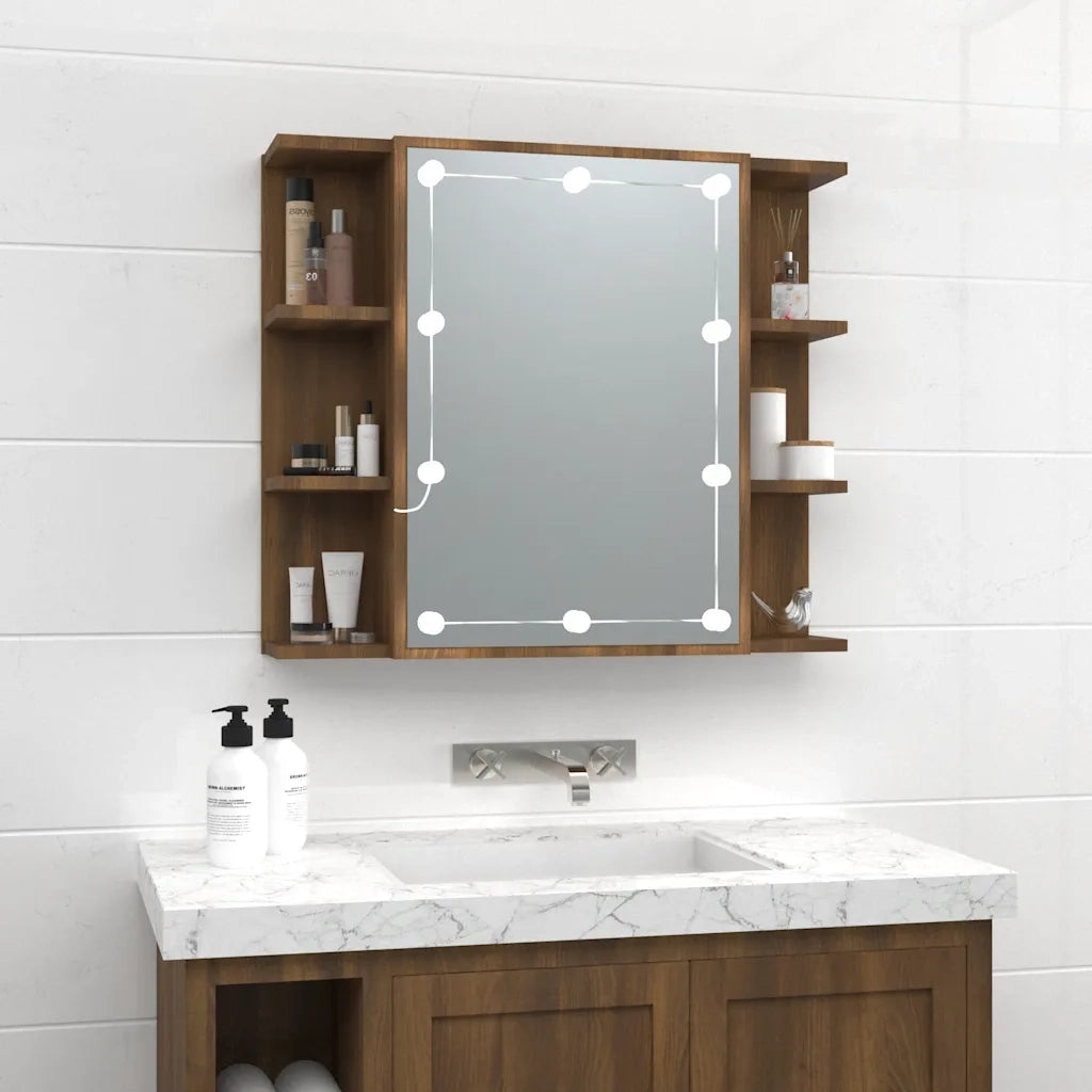 Mobile a Specchio con LED Rovere Marrone 70x16,5x60 cm 820453