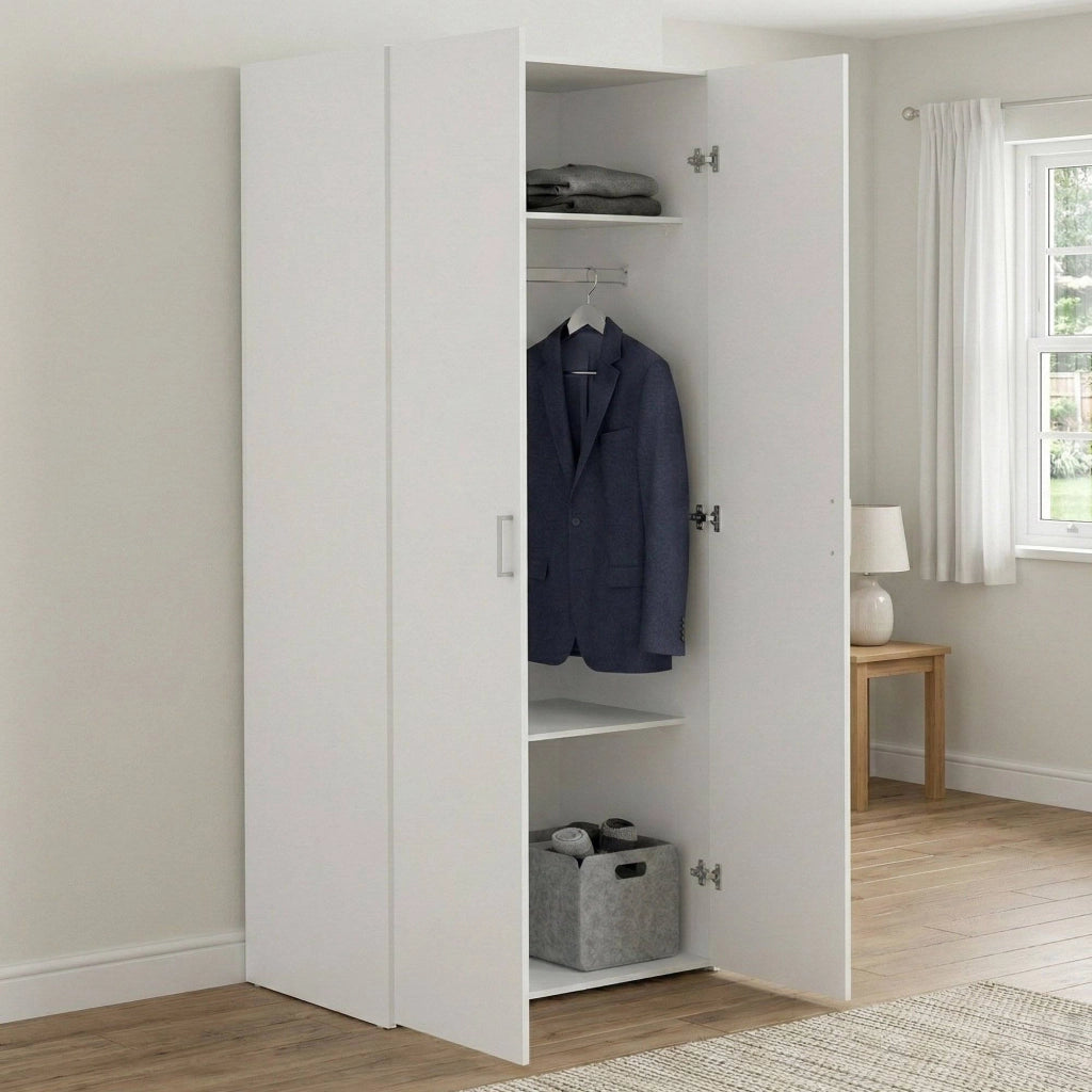 Armadio guardaroba a due ante battenti con due ripiani interni e barra Alibabba, colore bianco, Misure 77 x 175 x 49 cm