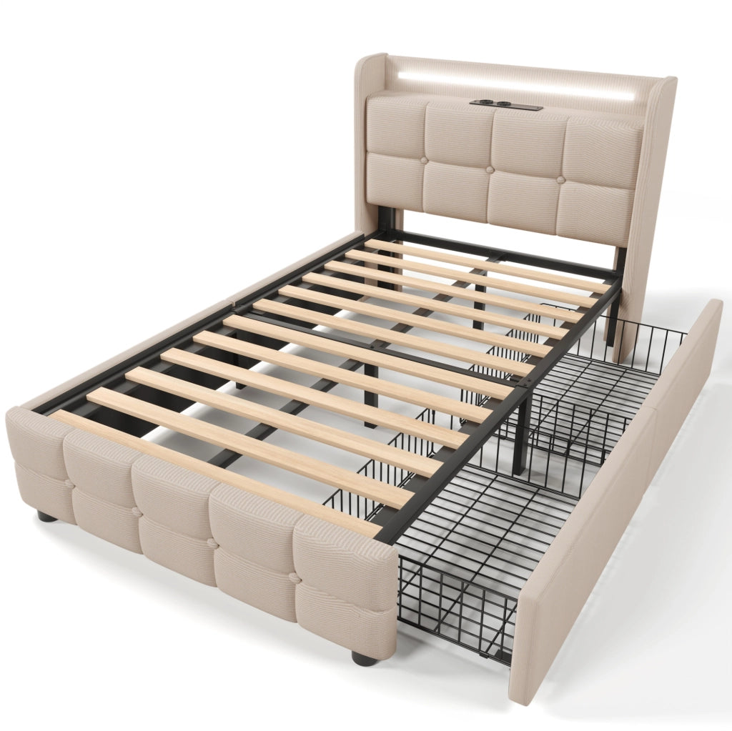 Letto singolo imbottito 90x200 cm con USB; prese; LED e 2 cassetti; beige