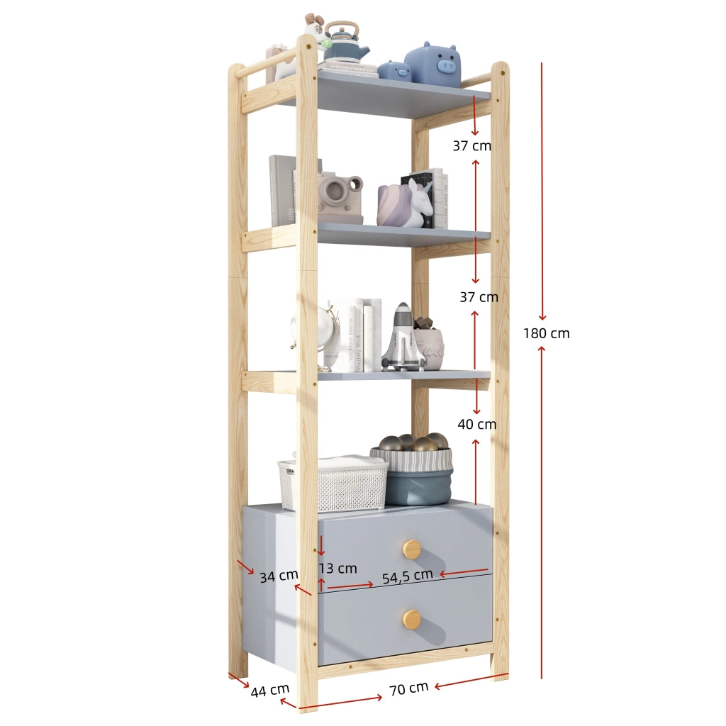 Set guardaroba e scaffale con appendiabiti 4 ripiani aperti e 4 cassetti in legno e MDF blu e naturale