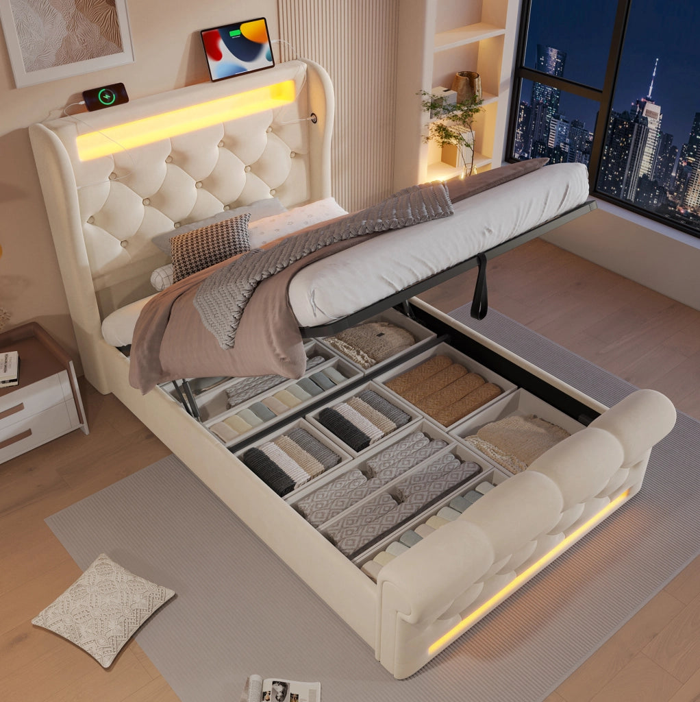 LETTO Imbottito con LED e USB/Type-C 90x200 cm Velluto Beige