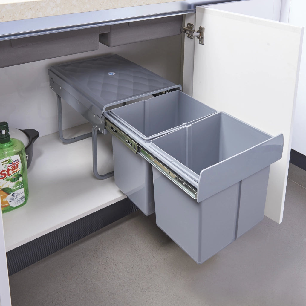 Pattumiera Estraibile Froland con 2 Bidoni Sotto Lavello 2x 15 L Grigio [en.casa]