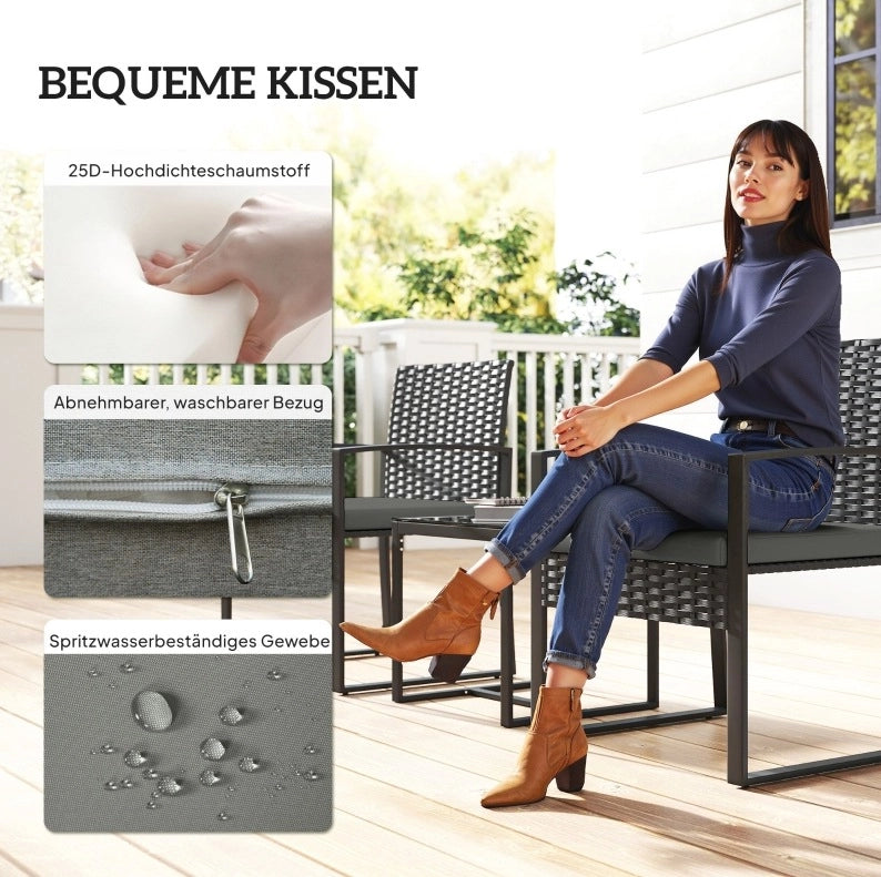 Set da giardino in rattan 3 pezzi con 2 poltrone e tavolino, cuscini sfoderabili grigio scuro