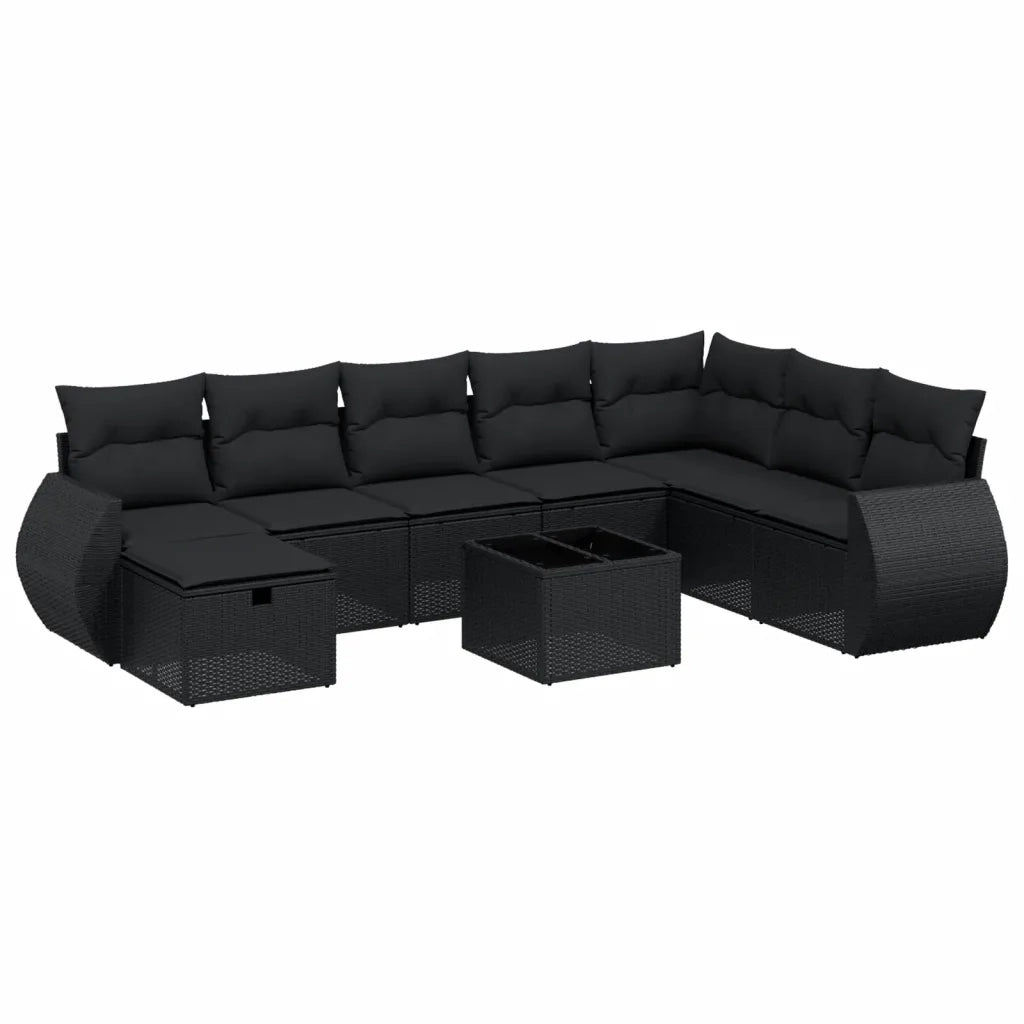 Set Divani da Giardino 9 pz con Cuscini Nero in Polyrattan