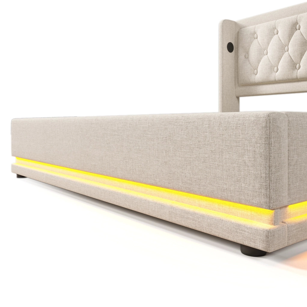 Letto matrimoniale 160x200 cm con contenitore; LED e USB Type-C; imbottito beige in cotone
