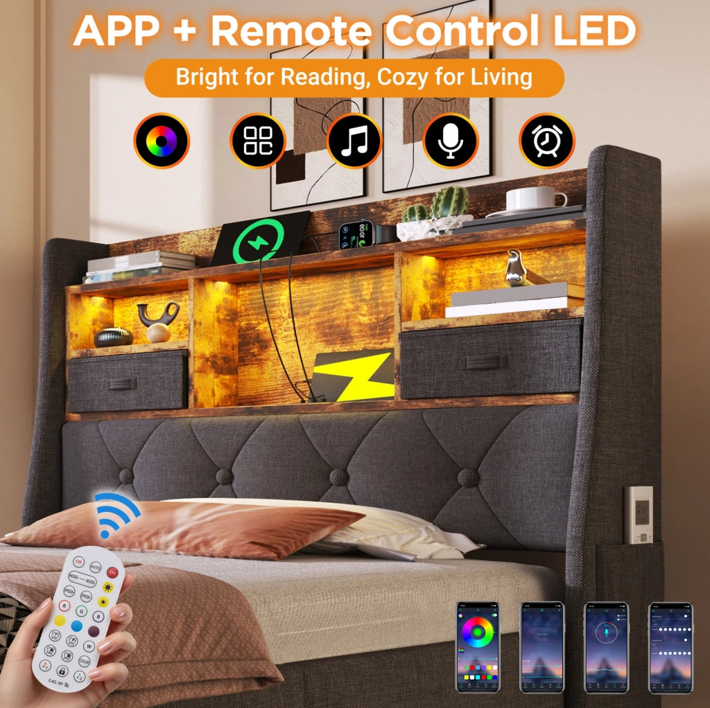Letto imbottito 90x200 cm con contenitore idraulico, LED e prese USB Type-C, grigio