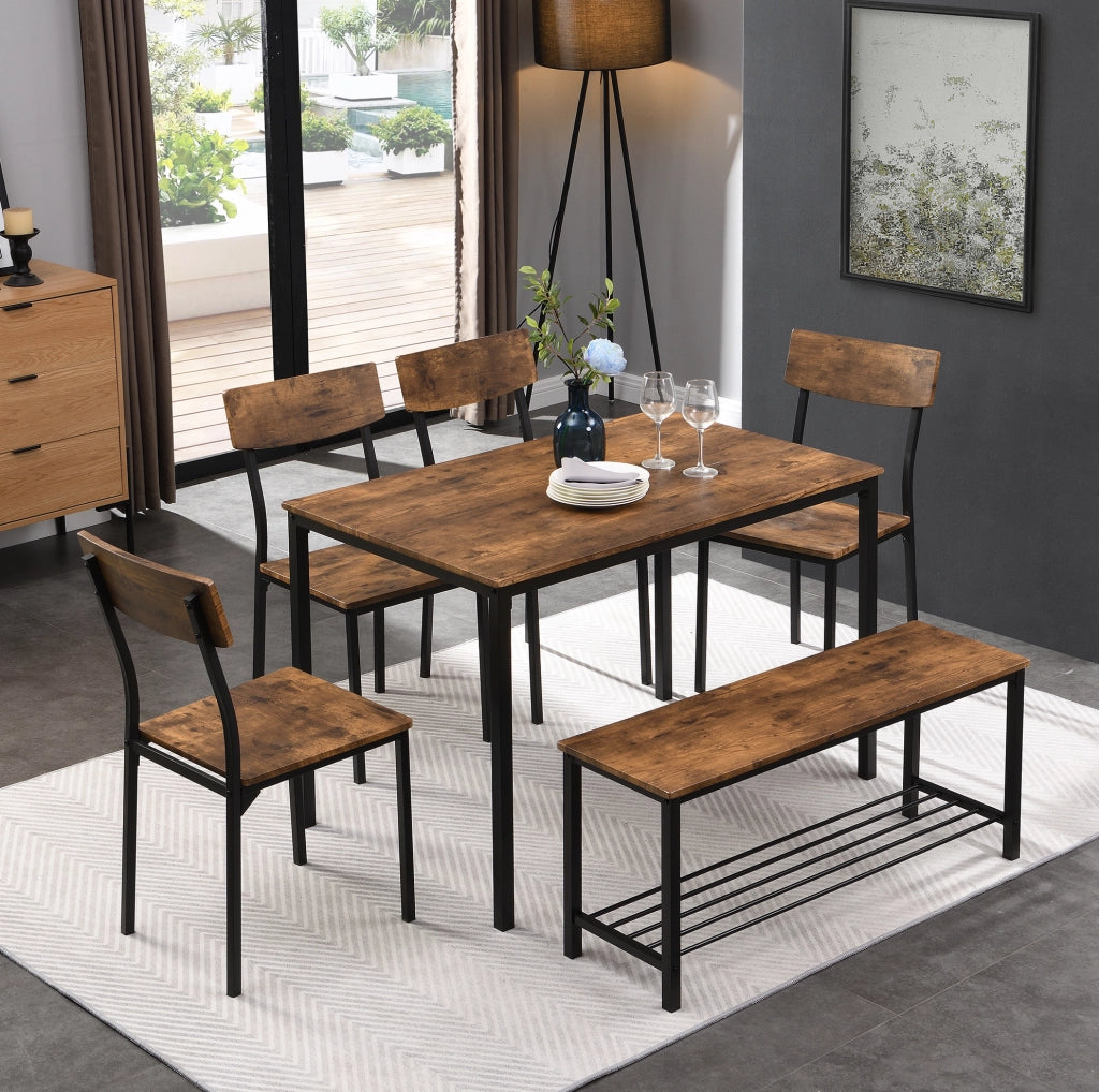 Set tavolo da pranzo con 4 sedie e sgabello; marrone