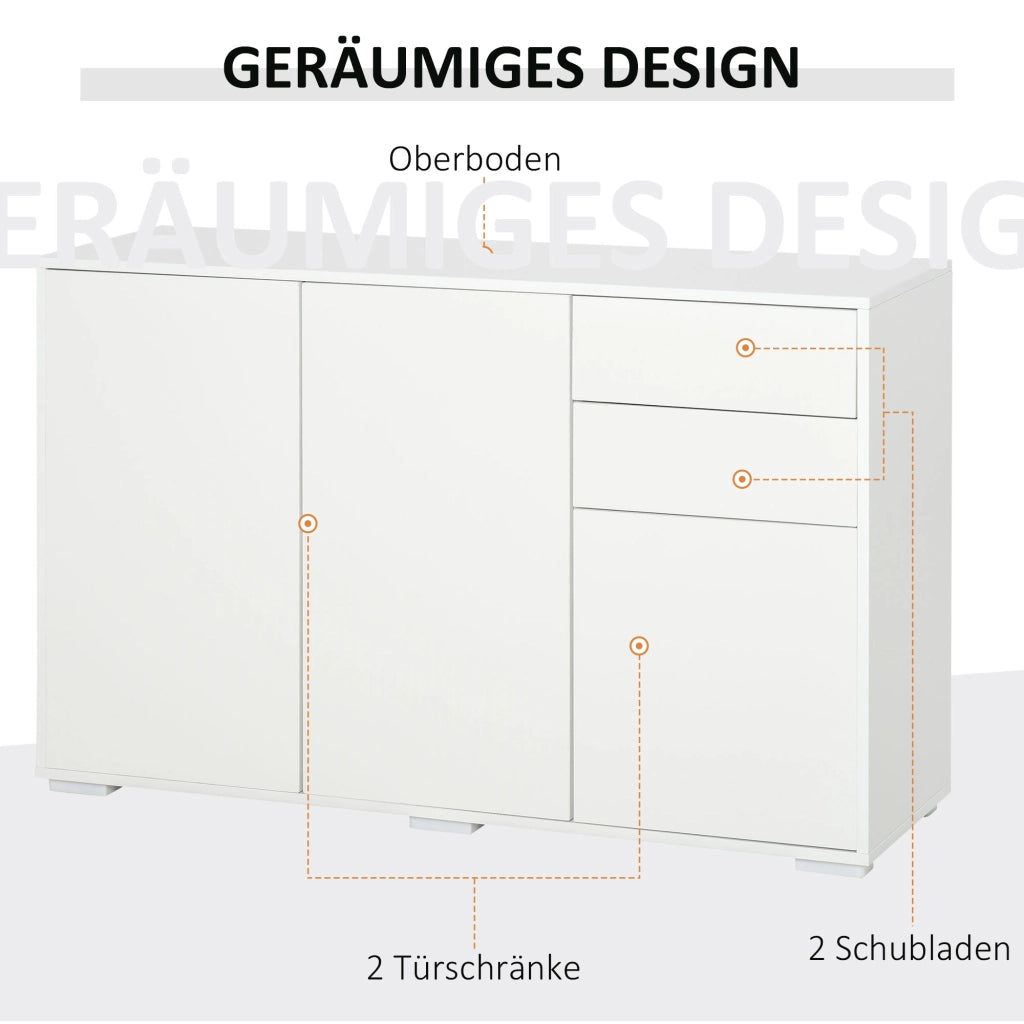 Sideboard Kommode Anrichte, 2 Schubladen, Push-Click, 117 cm x 36 cm x 74 cm, Weiß