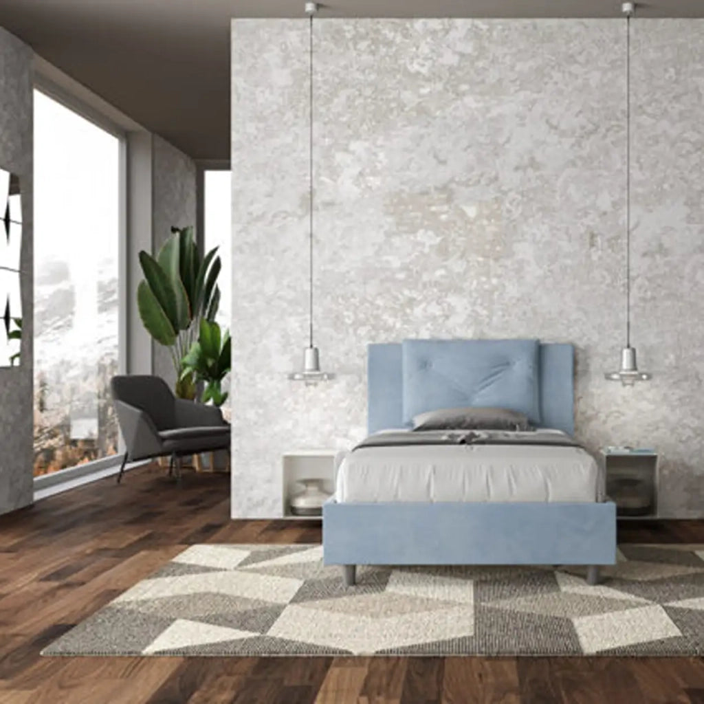 Letto una piazza e mezza contenitore imbottito 120x200 microfibra azzurro Appia