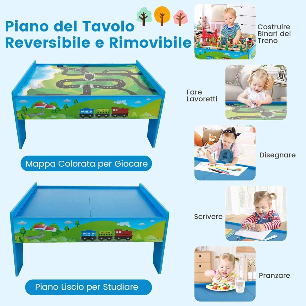 Tavolo e Set di Trenini in Legno, Tavolo Reversibile e Staccabile e Binari in Legno Massiccio, Set da Gioco Creativo 84/80 Pezzi, per Bambini 3 Anni+ (Stile 2)