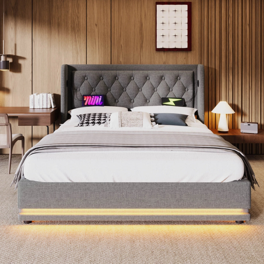 LETTO contenitore 160x200 cm in cotone grigio con LED, USB, Type-C e materasso