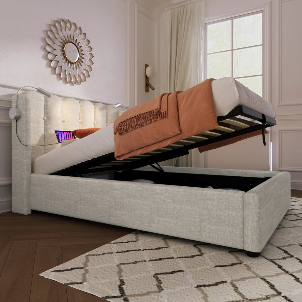 Letto singolo 90x200 imbottito in lino con contenitore