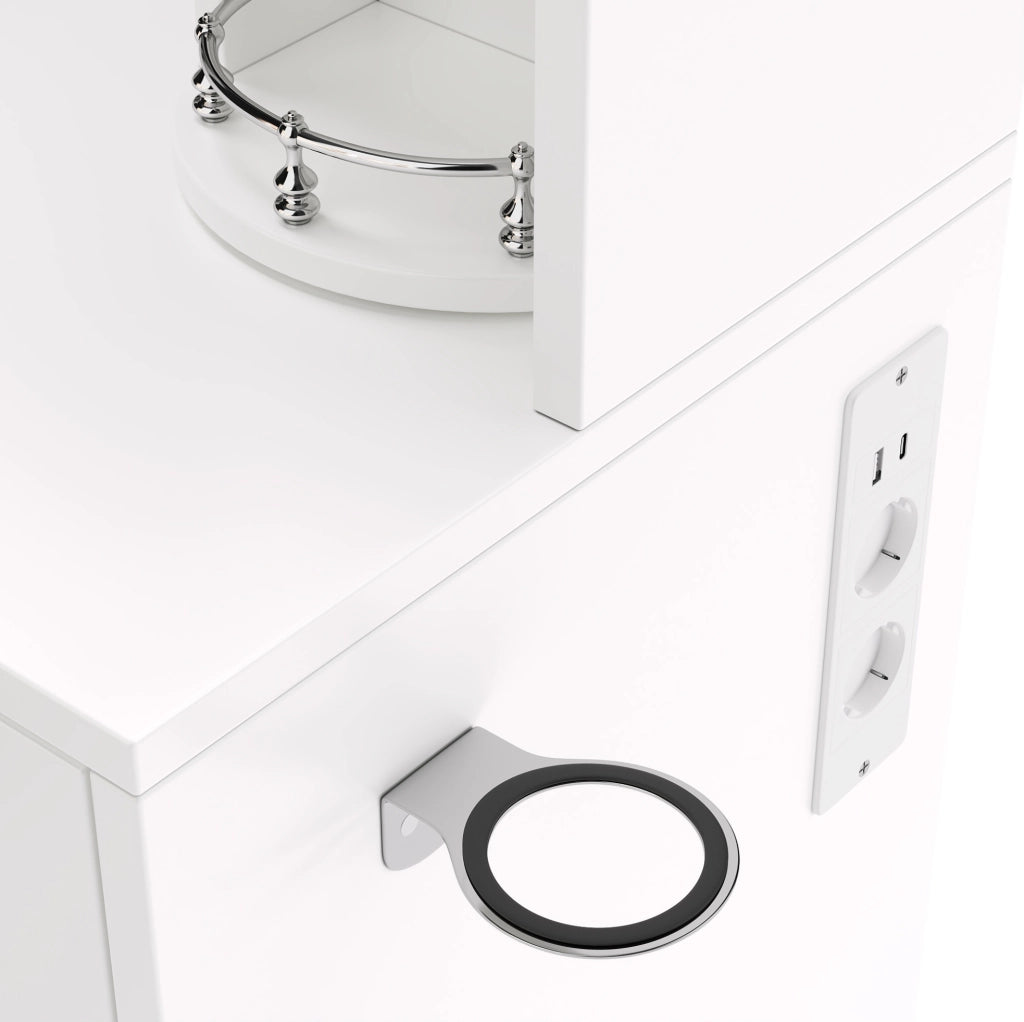 Toeletta con specchio LED dimmerabile; organizer girevole; USB-C e 3 cassetti; bianca