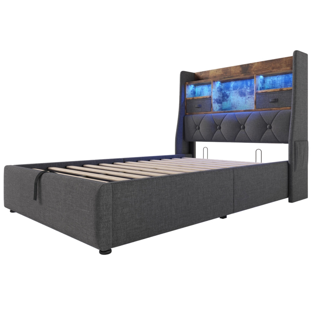 Letto imbottito 90x200 cm con contenitore idraulico, LED e prese USB Type-C, grigio