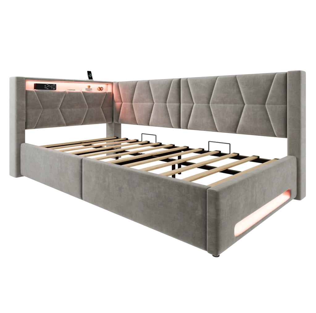 Letto imbottito 90x200 cm con contenitore, LED, USB e Type-C, velluto grigio scuro
