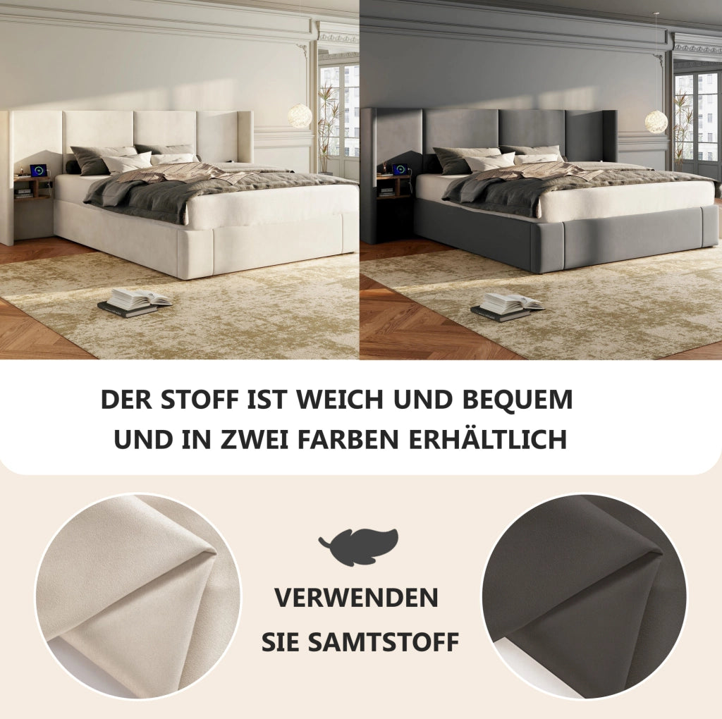 Letto contenitore 160x200 cm beige con USB, prese e comodini