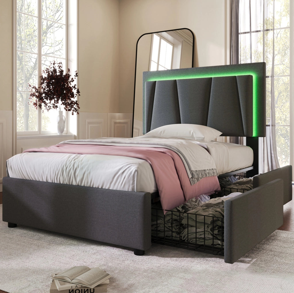 LETTO Singolo 90x200 cm Grigio con LED e 2 cassetti, testiera regolabile
