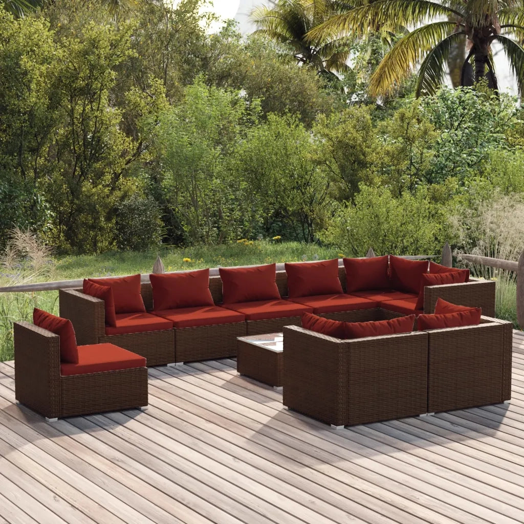 Set Divani da Giardino 10 pz con Cuscini in Polyrattan Marrone 3102635