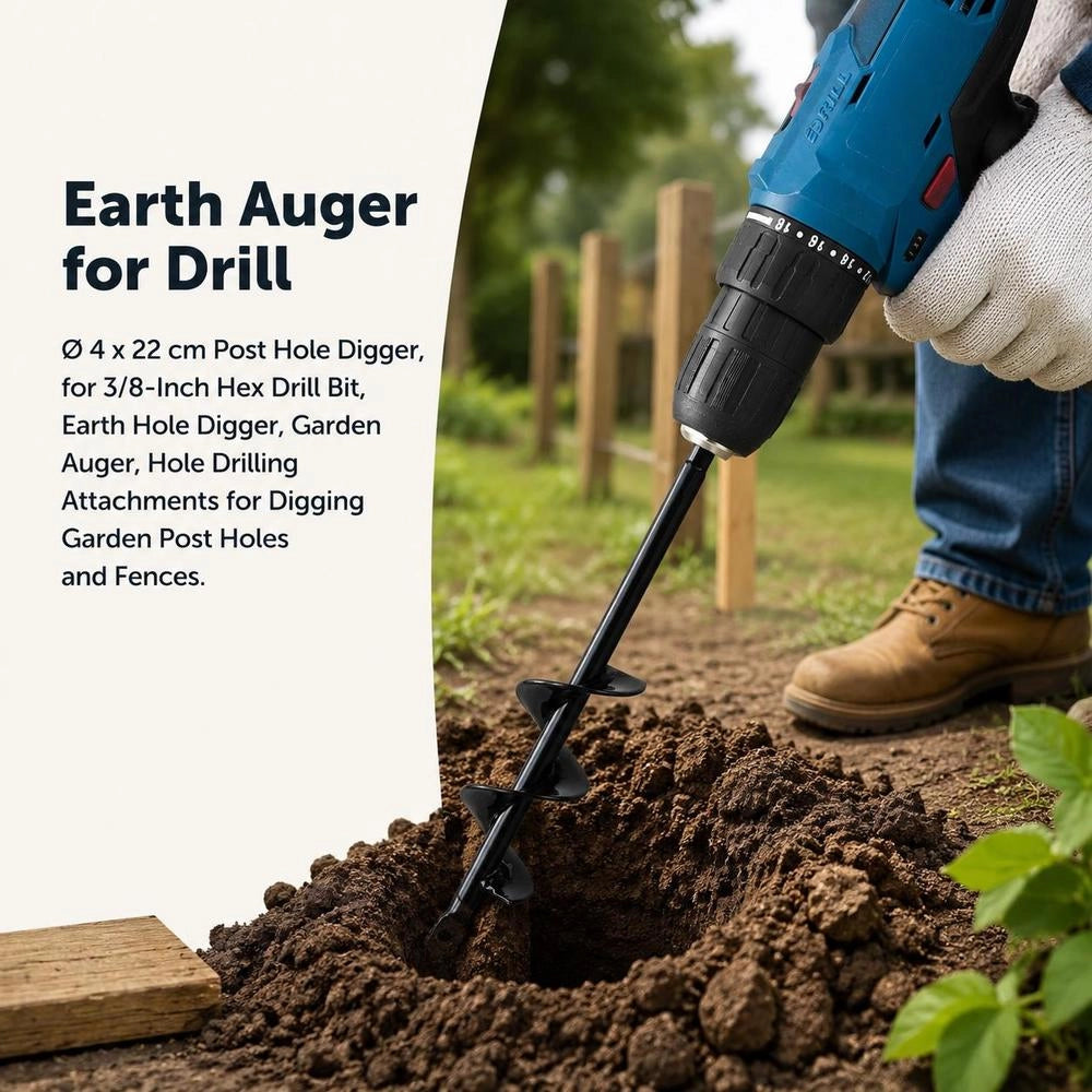 Earth Auger For Drill, 4 X 22 Cm Post Hole Digger, For 3/8-inch Hex Drill Bits, Earth Hole Auger, Garden Auger, Hole Drilling Attachments For Digging Garden Post Holes And Fences