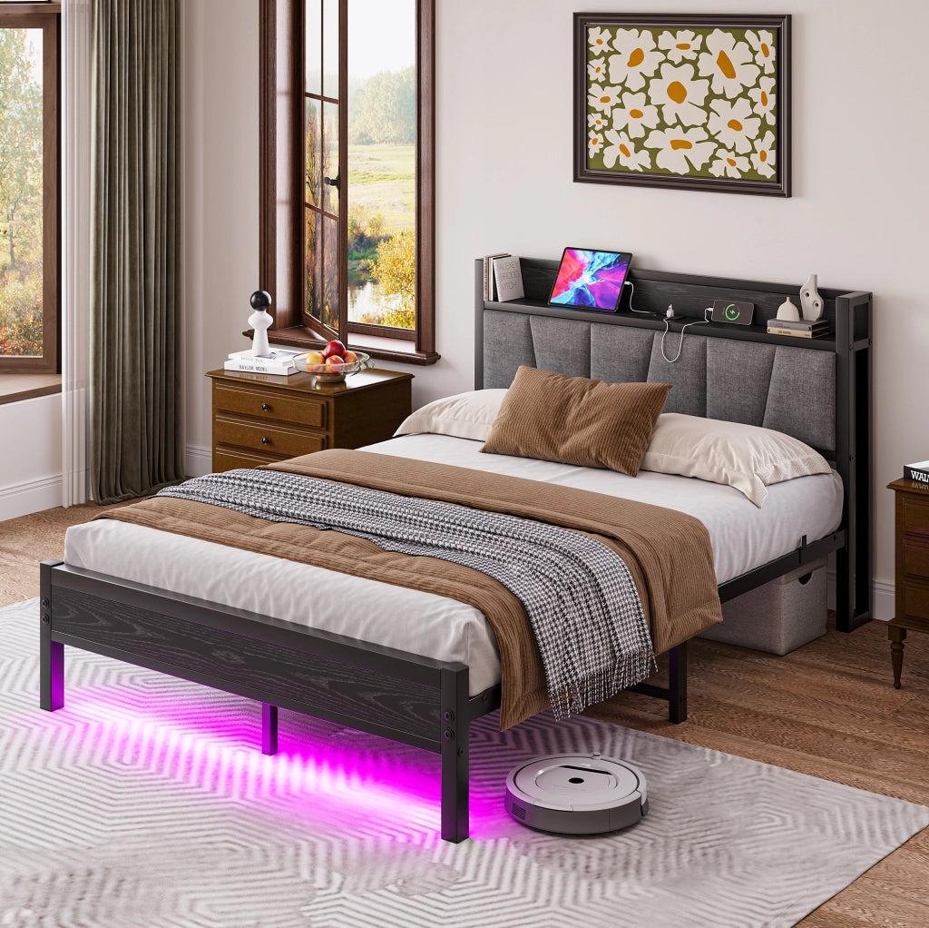 Letto matrimoniale 140x190 cm con LED, USB e testiera contenitore