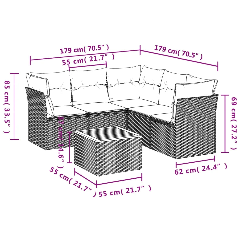 Set Divano da Giardino 6 pz con Cuscini Nero in Polyrattan 3255964