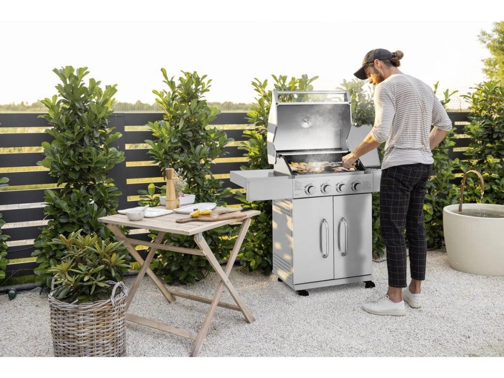 Barbecue a gas in acciaio inossidabile con 5 bruciatori, di cui 1 laterale "Brazzo" - 118 x 57 x 104 cm - Grigio chiaro