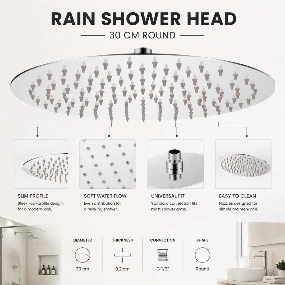 Stainless Steel Rain Shower Head, 30 Cm Round