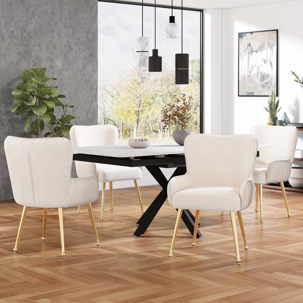 Set di 4 sedie da pranzo - con braccioli e supporto lombare - in velluto - beige e oro