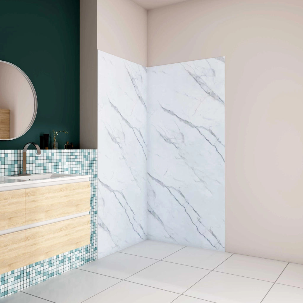 H.210 cm Pannello Doccia ad Angolo 80x100 cm Realizzato in Alluminio da 3 mm con Profili Finitura Bianco Alba per Rivestimento Parete Bagno