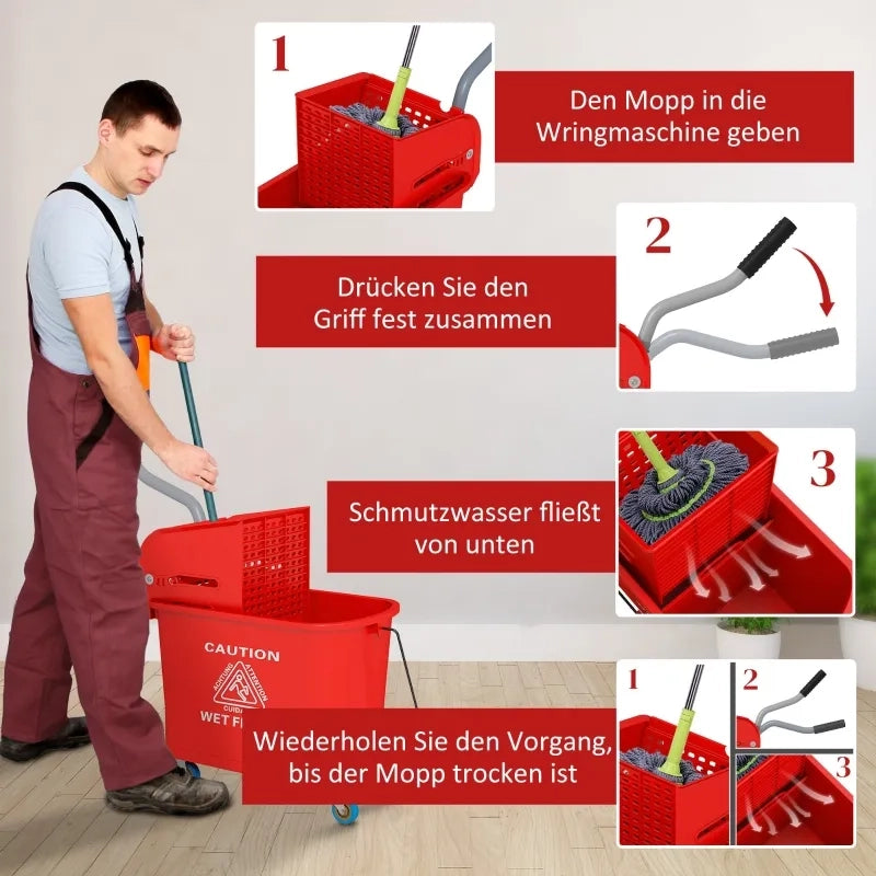 Secchio per mop da 20 L con strizzatore e manico, su ruote, in plastica, rosso