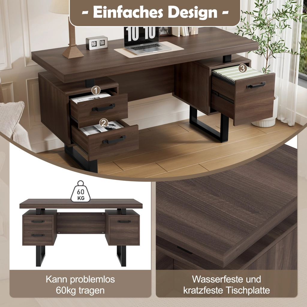Scrivania da ufficio 135x54 cm con 2 cassetti e vano portadocumenti; MDF e metallo nero/marrone