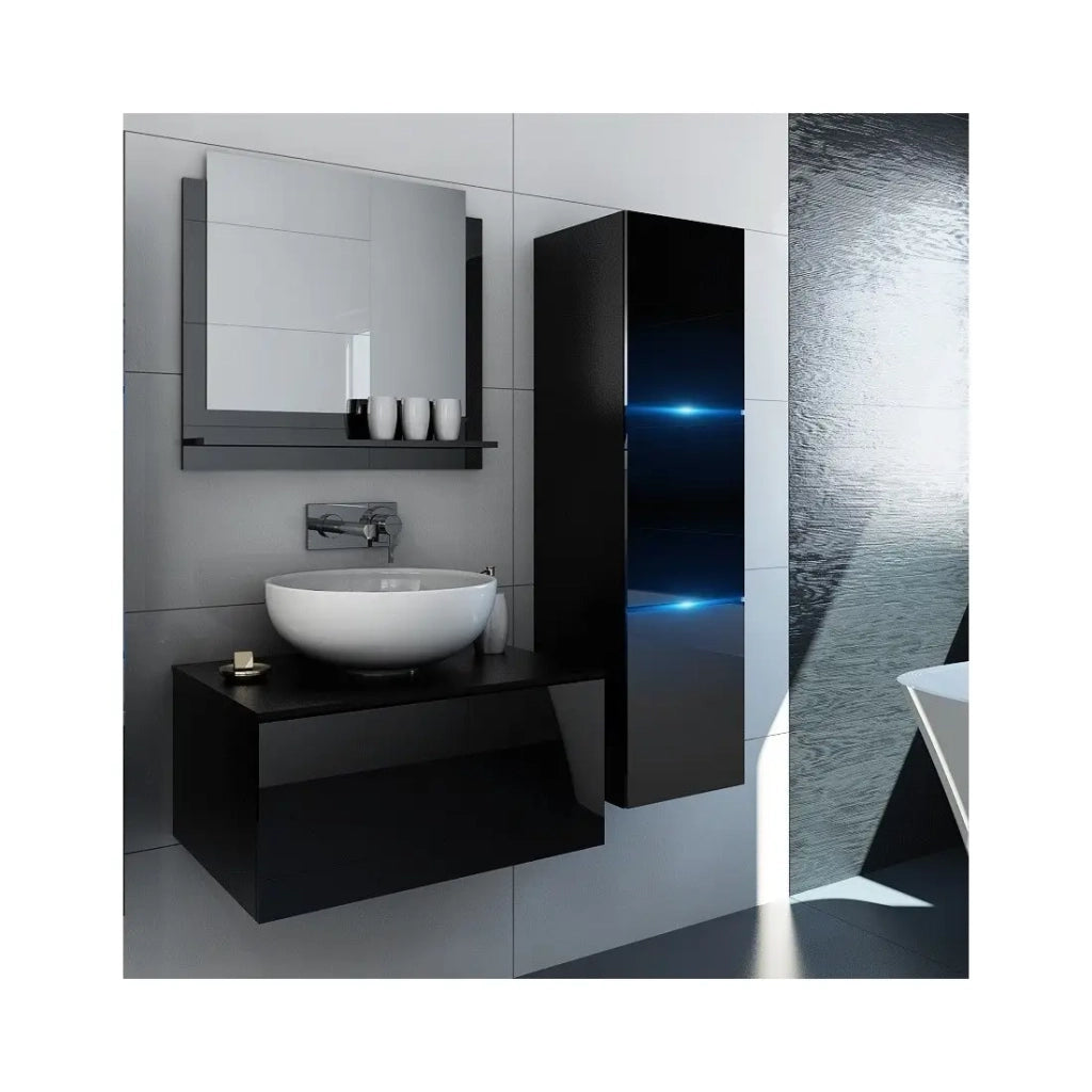 Set di mobili da bagno neri collezione OWL. Colonna, mobile sotto lavabo, specchio, sifone e LED.