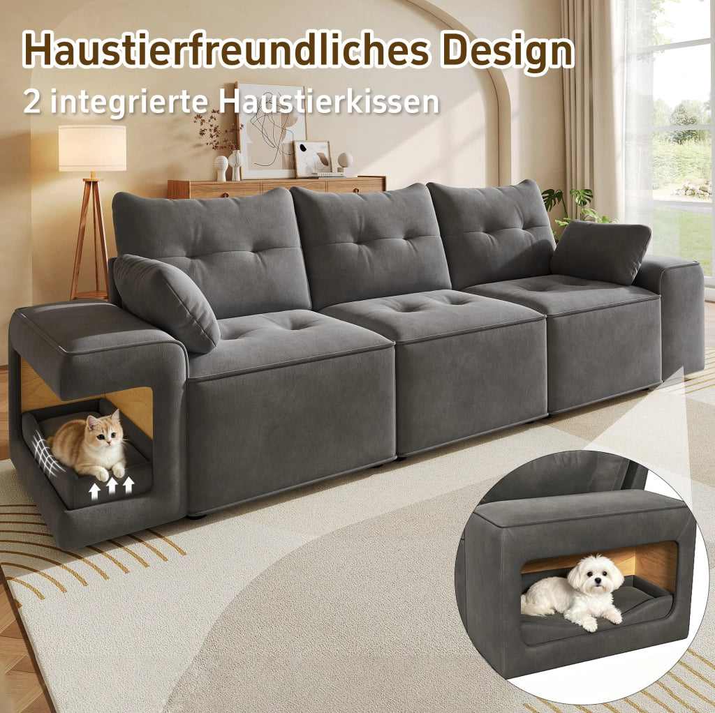 SOFÀ 3 POSTI 229,5x78x84 cm Velluto Grigio con 2 cuscini e vani portaoggetti