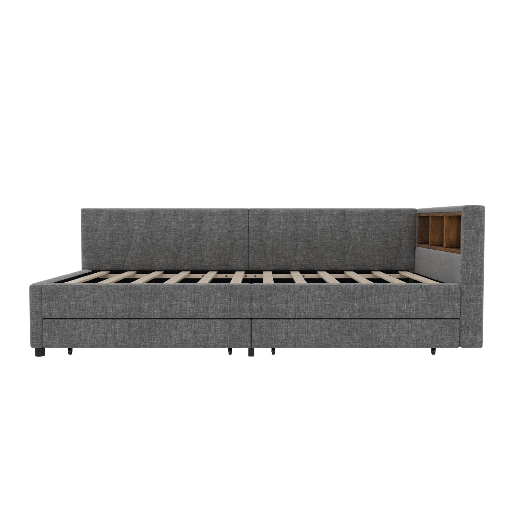 Letto singolo a divano 90 × 200 cm con rete a doghe in lino e MDF grigio con cassetti e LED