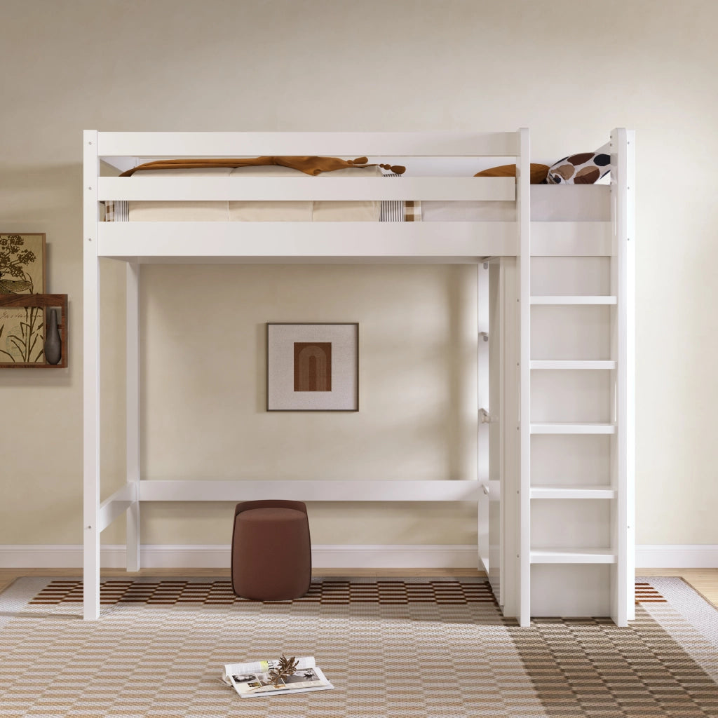 Letto a soppalco per bambini 90x200 cm; bianco con armadio e 6 scaffali