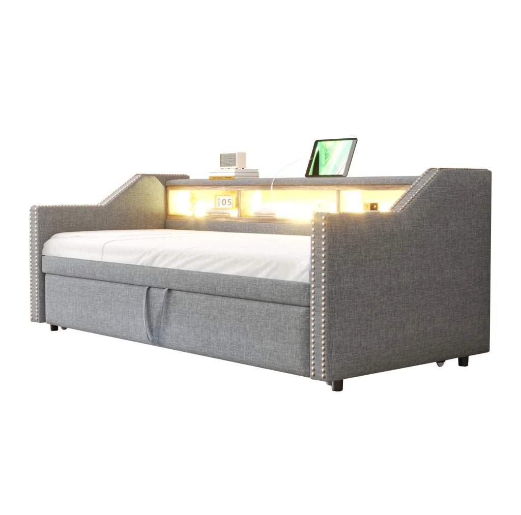 Divano letto estraibile 90/180x190 cm grigio chiaro con USB