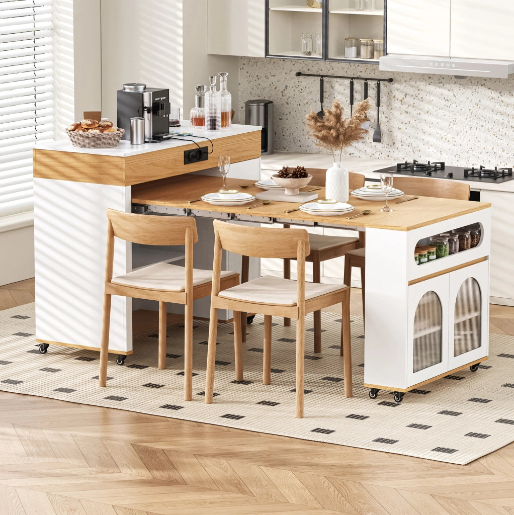 Isola cucina estensibile bianca e naturale con prese integrate