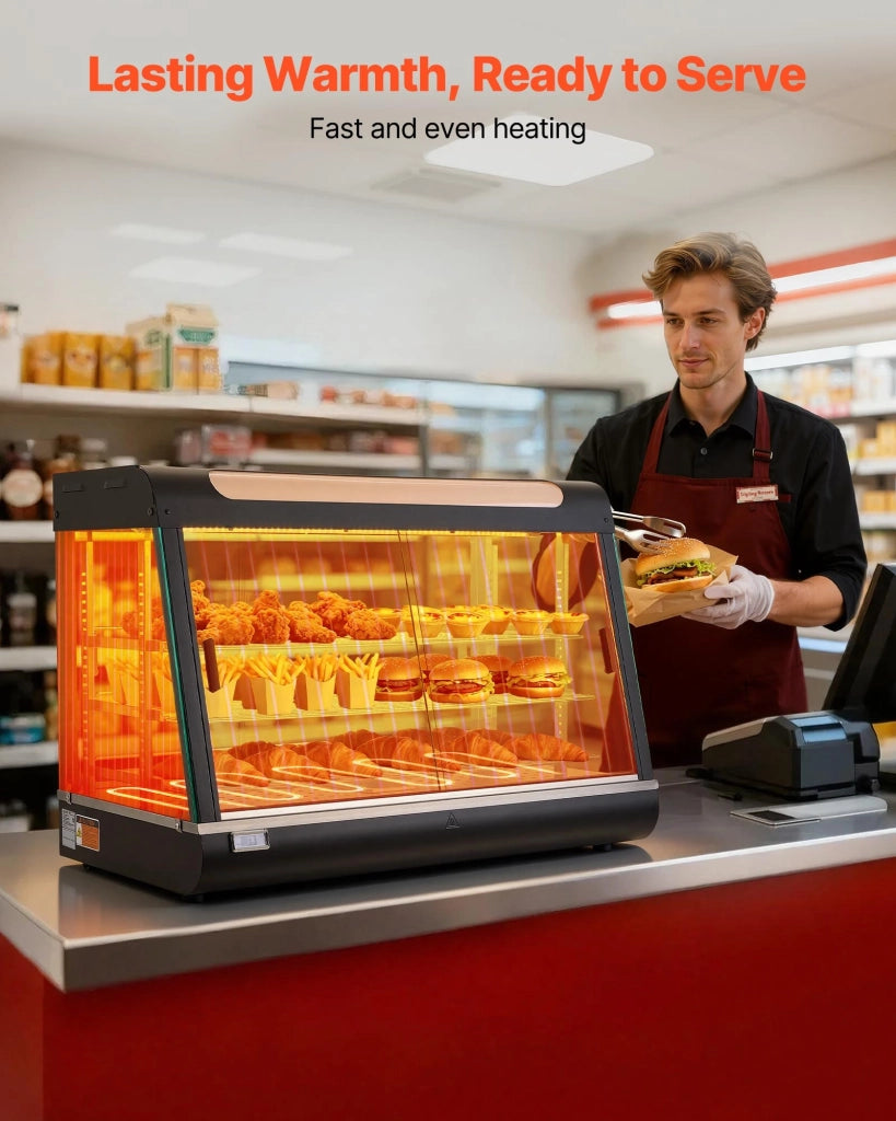 Per hamburger, pizza e pollo fritto, espositore scaldavivande commerciale 3 livelli, 1400W, luce LED, ripiani regolabili, vano portaoggetti superiore