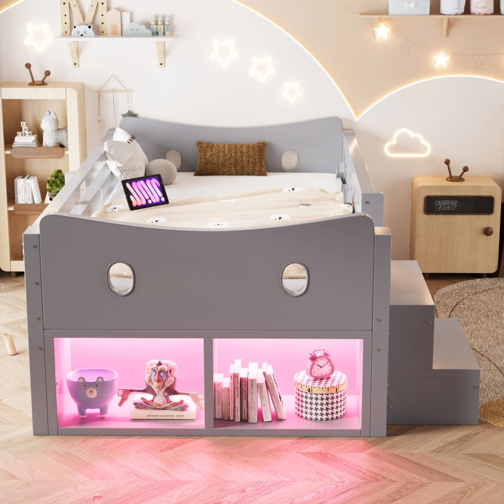 Letto per bambini 90x200 cm con LED; USB e Type-C; 4 cassetti; sponde e scale; legno grigio
