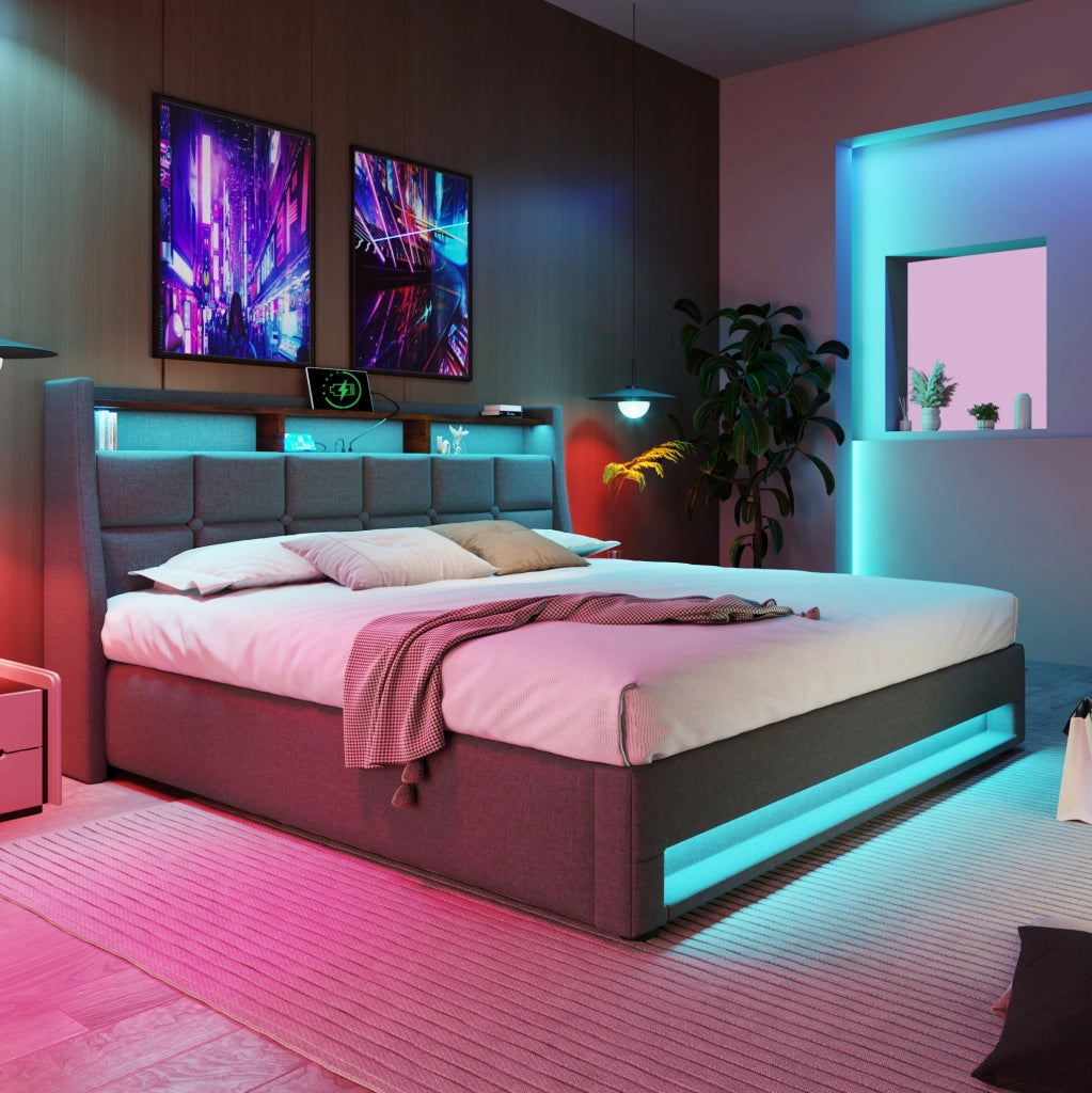 Letto matrimoniale contenitore LED USB 180x200 cm grigio