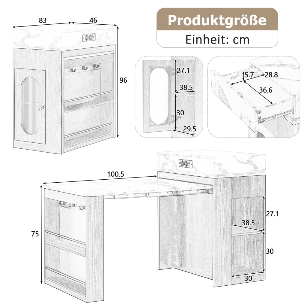 Isola cucina estensibile con prese e piano pieghevole bianca